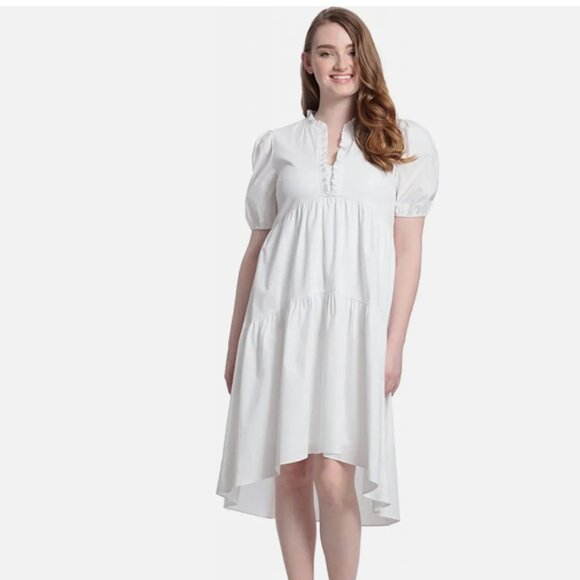 NWT London Times Women's Short Sleeve Ruffle V-Neck Tiered Hi-Low - Picture 1 of 11